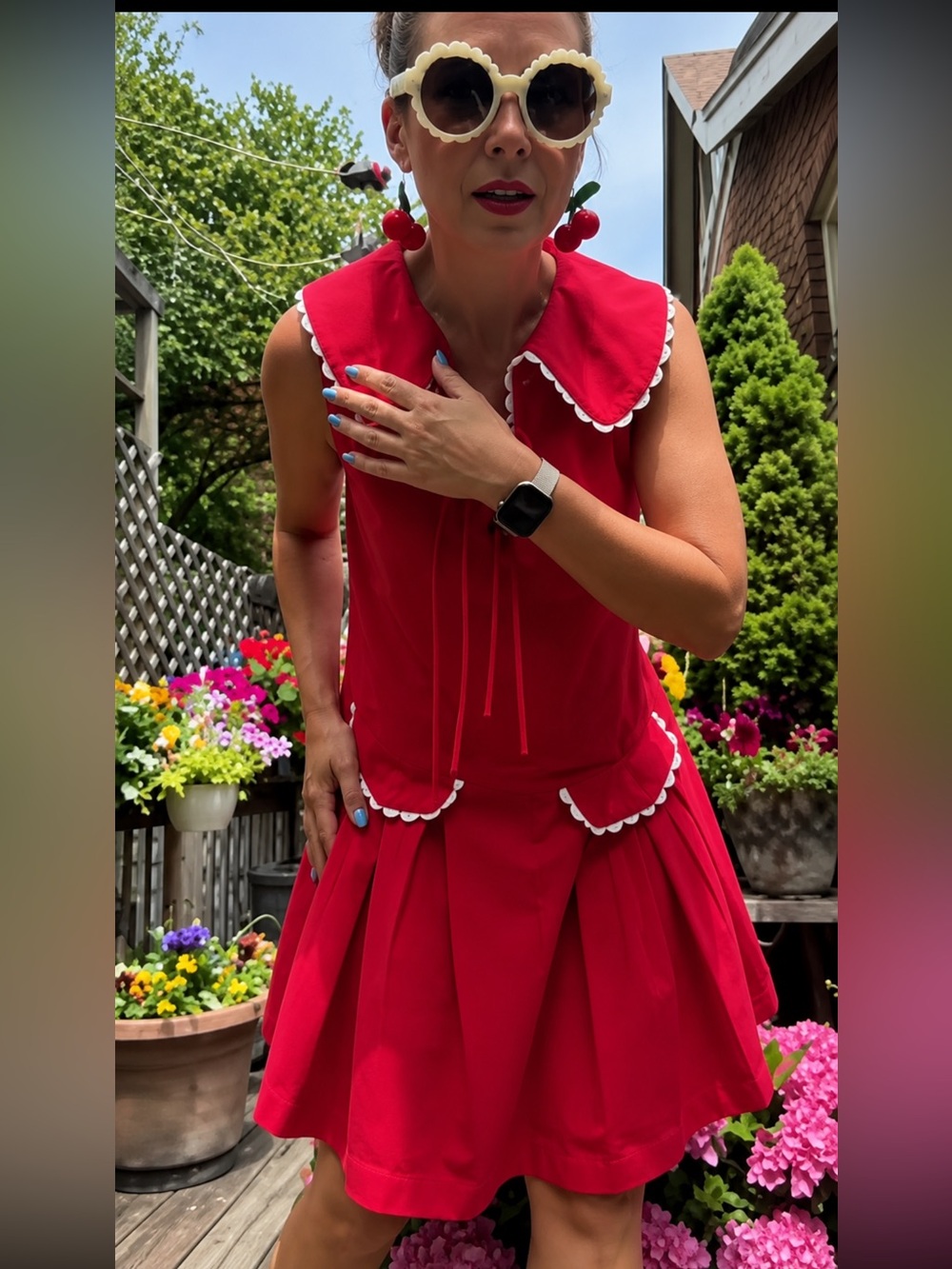 Jacqui E Red Dress with White Scallop Detailing